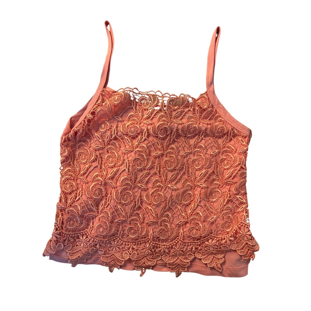 Y2K Awesome Wear Peach Floral Lace Camisole Tank Top USA Made Girls Large 719X